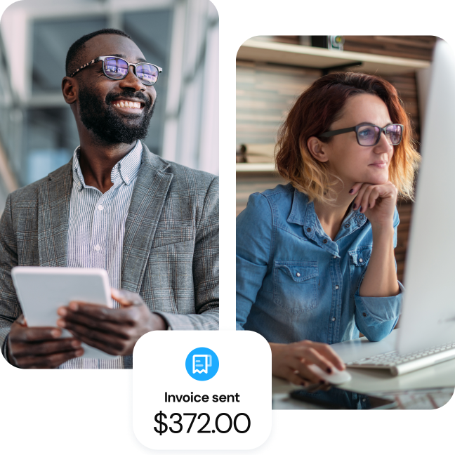 One business owner smiles and holds a tablet while another looks at a laptop. Text reads 'invoice sent, $372.'